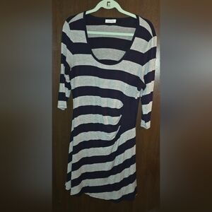 Calvin Klein Navy and Gray Striped Long Sleeve Dress